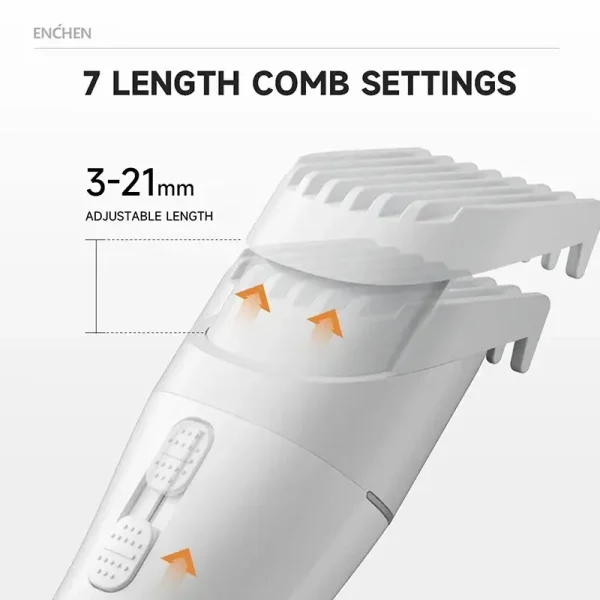 A close-up of the Enchen Boost 2 hair trimmer's adjustable comb, demonstrating its 7 length settings from 3mm to 21mm.
