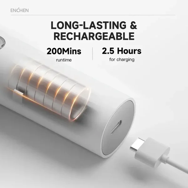 Cutaway view showing the long-lasting battery of the Enchen Boost 2, offering 200 minutes of runtime with a 2.5-hour charge