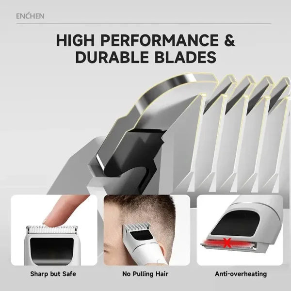 Graphic showing the Enchen hair clipper's durable blades are safe to touch, prevent hair pulling, and have anti-overheating technology.