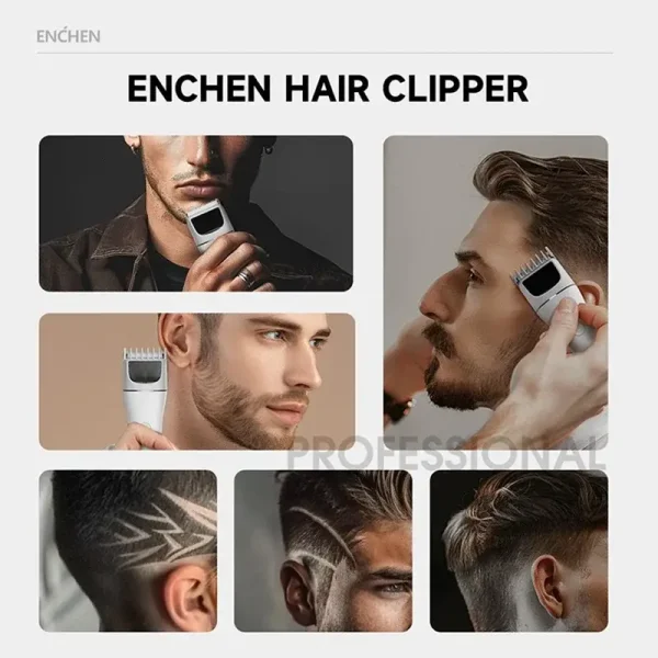 A collage demonstrating the Enchen hair clipper's professional results for beard trimming, men's haircuts, and detailed hair art.